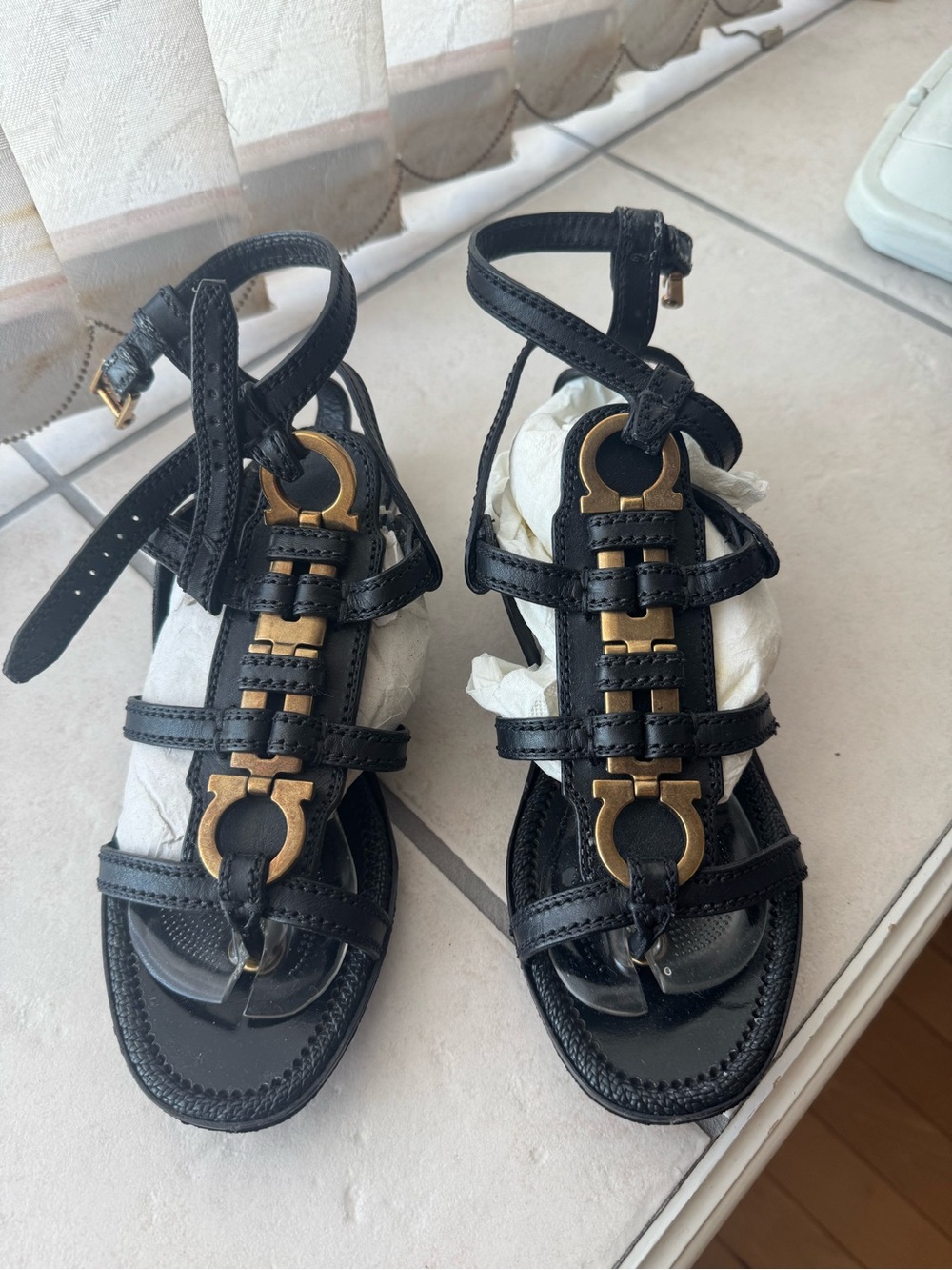 Salvatore Ferragamo Black Leather Gladiator Sandals with Gold Hardware